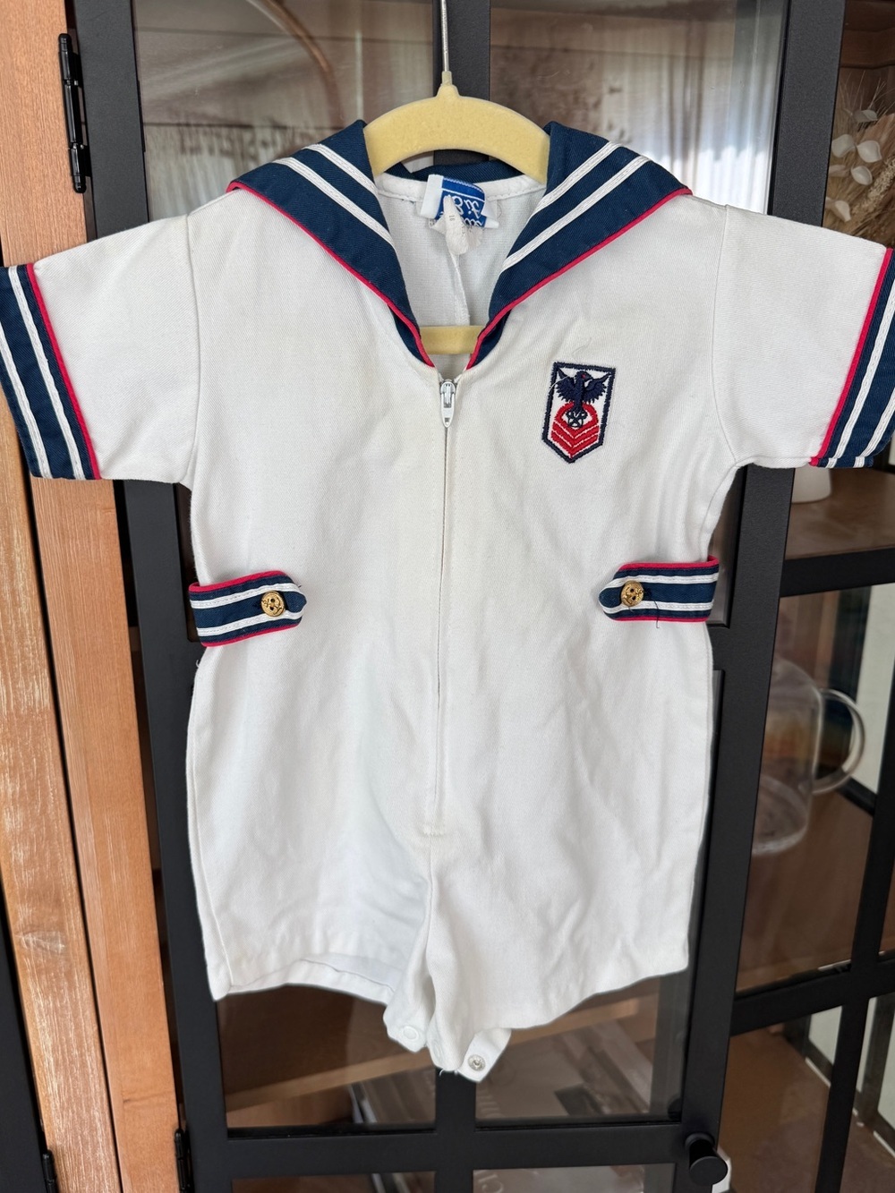 Vintage 80s Sailor Suit romper baby boy collar embroidery navy nautical shortall